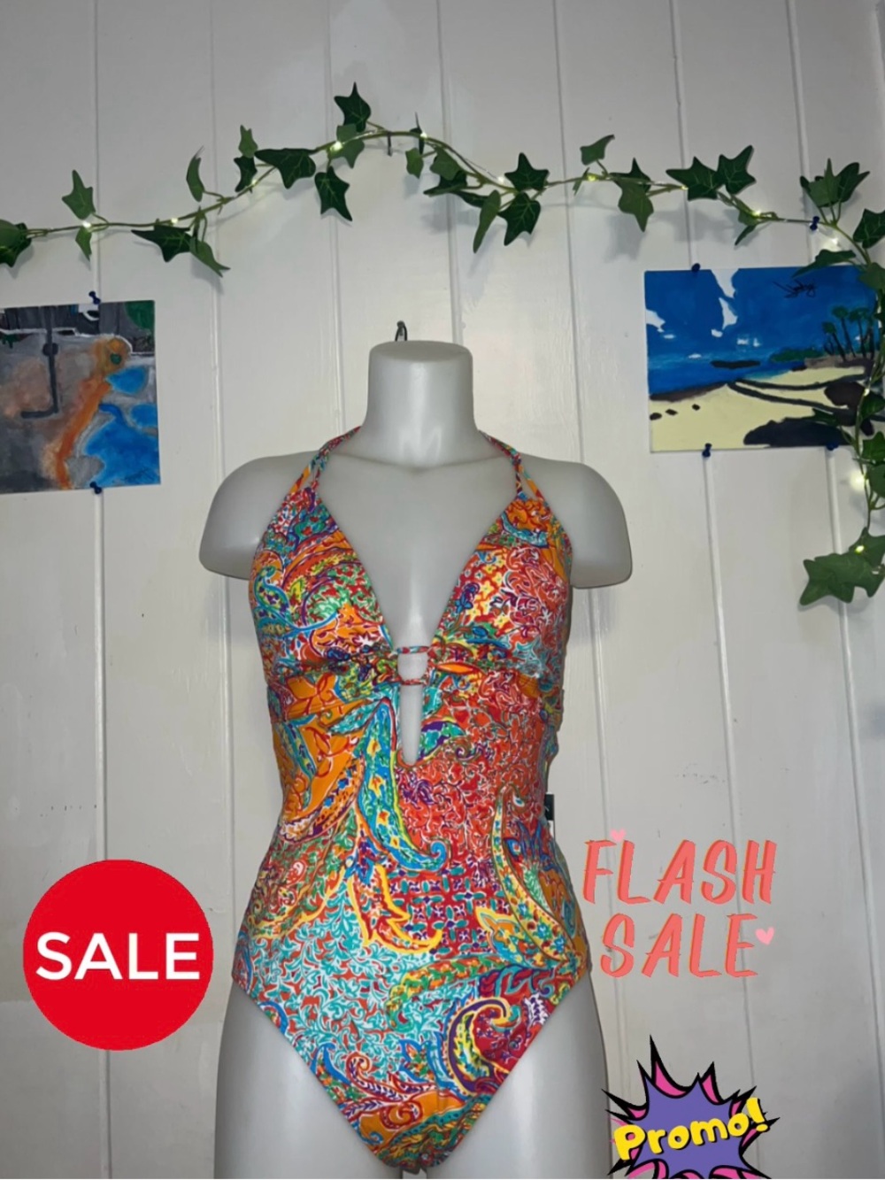 💕❤️Lauren Ralph Lauren Multicolor Paisley Halter One-Piece Swimsuit 10